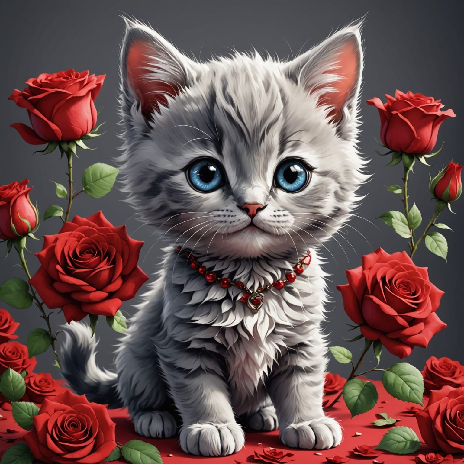 Chibi Kitten Amidst Vibrant Red Roses in Anime Style