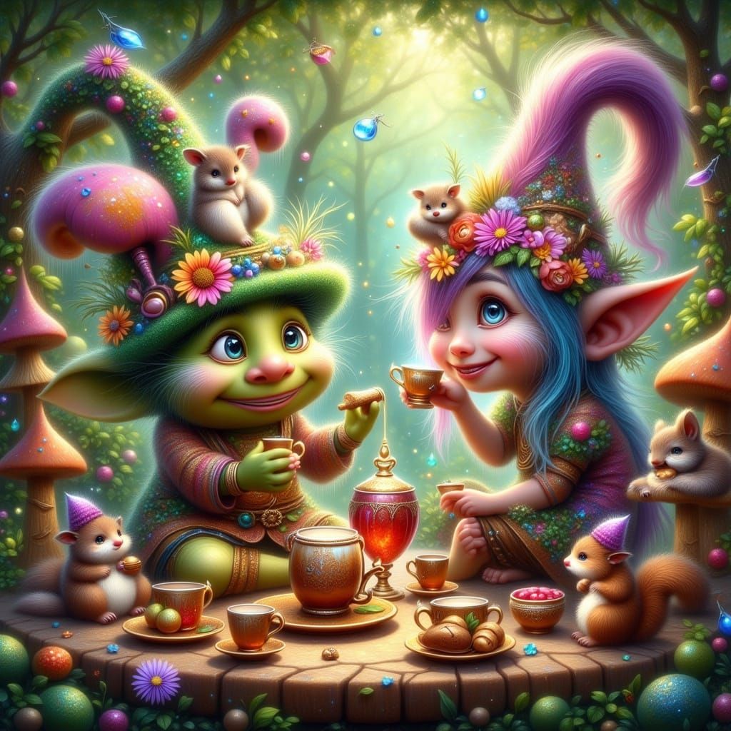 Rainbow Troll's Whimsical Tea Party in Enchanted Grove