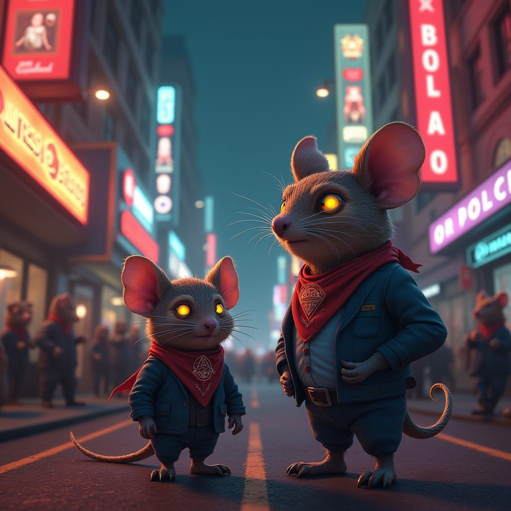 Owl and Rat Gangs in Neon-Lit Brocolandia City