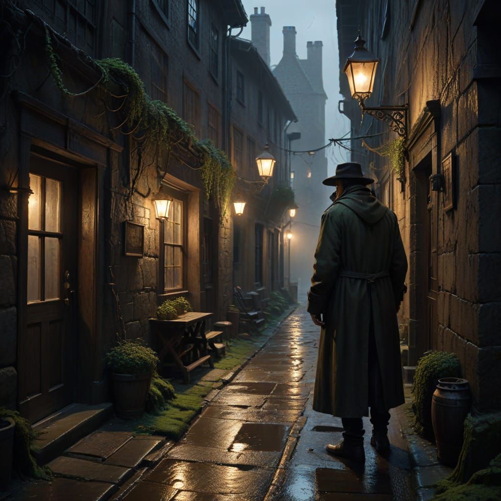 Shadowy Figure in Gothic Alleyway