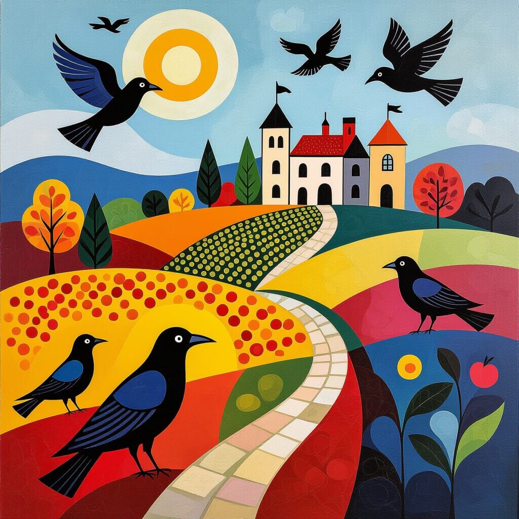 Whimsical Autumn Vineyard with Ravens and Mansion