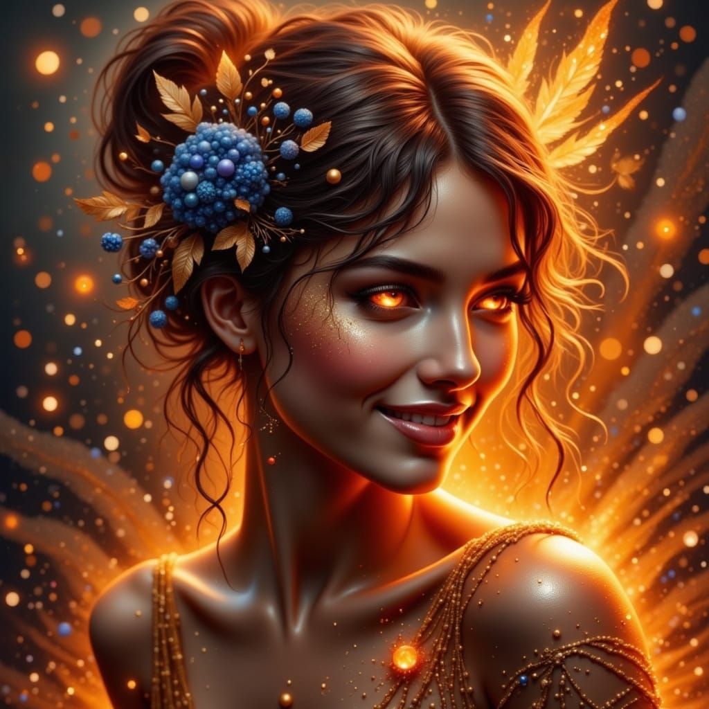 Laughing Fire Nymph with Flames as Hair