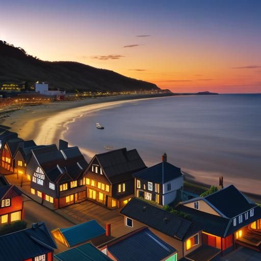Seaside Village at Sunset: A Realistic Coastal Scene