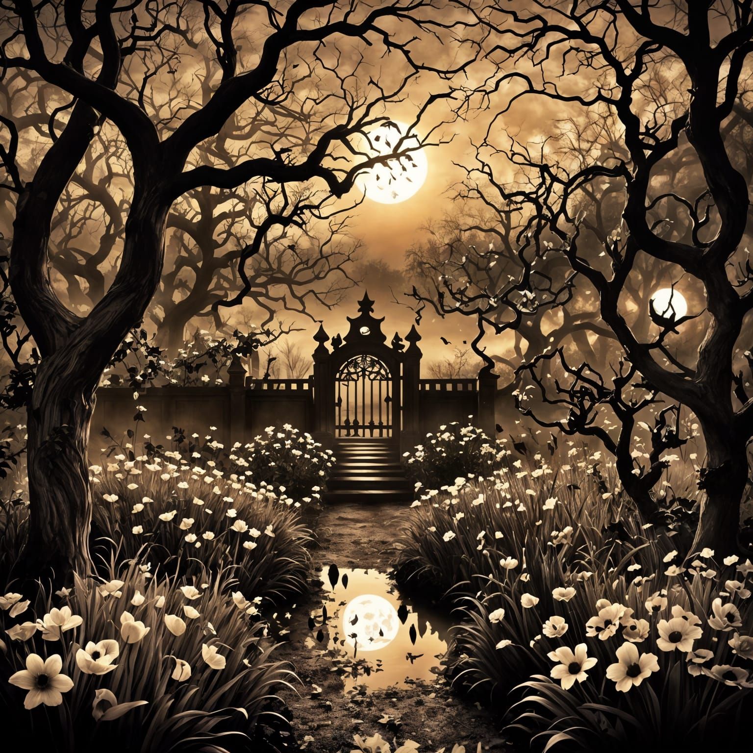 Creepy Sepia Horror Sunset in a Magical Garden