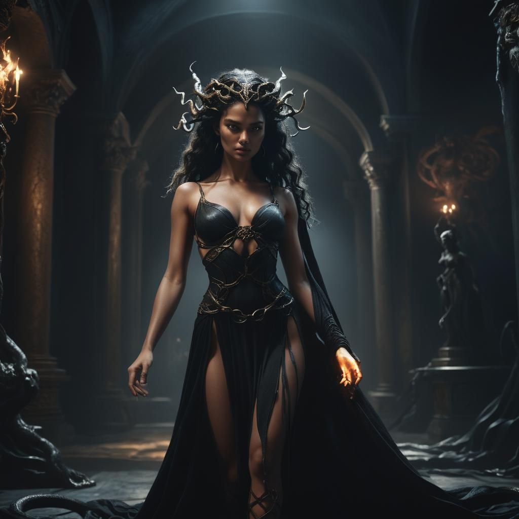 Elegant Demon Queen in Dark Room, Matte Painting