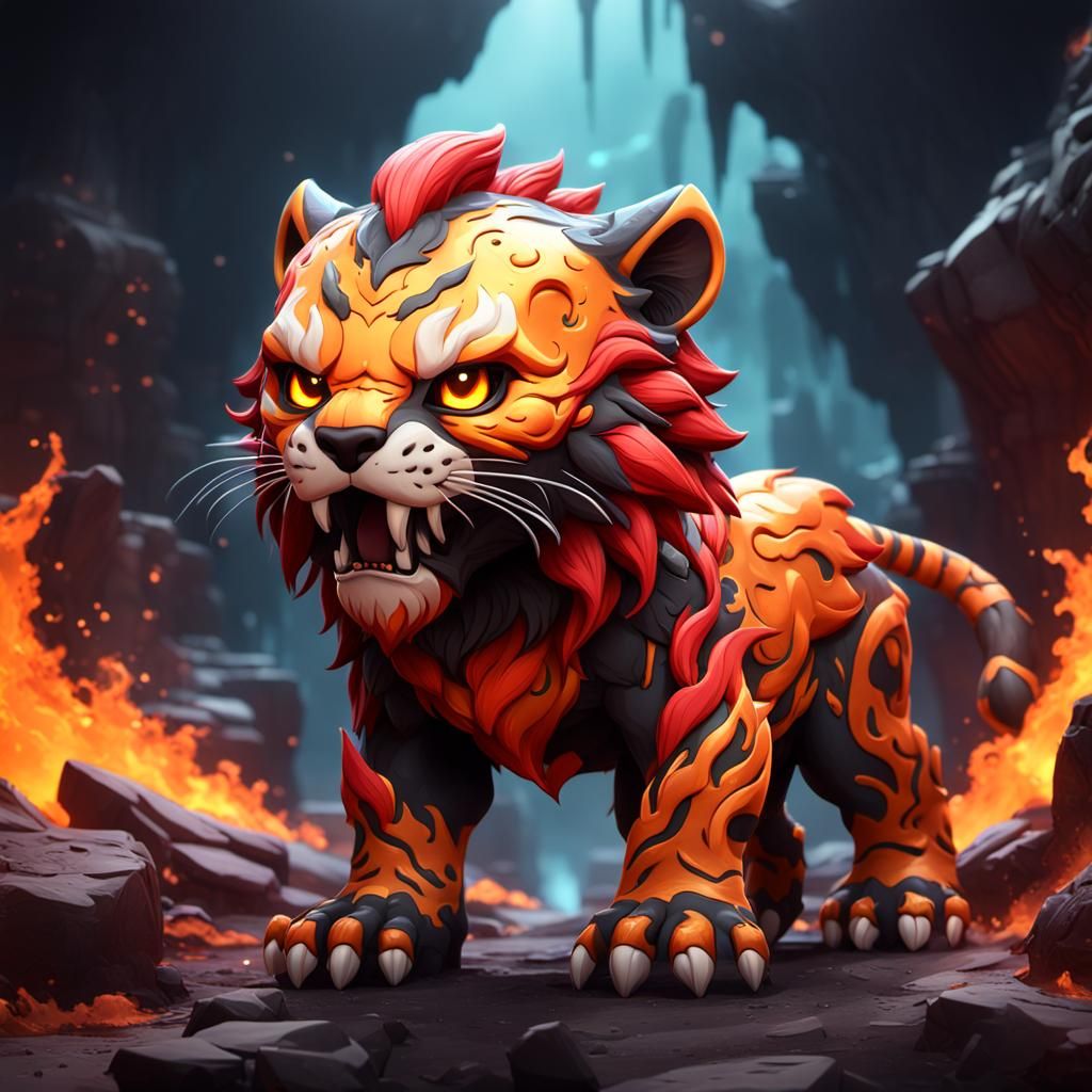 Chibi Magma Smilodon in Detailed Digital Painting