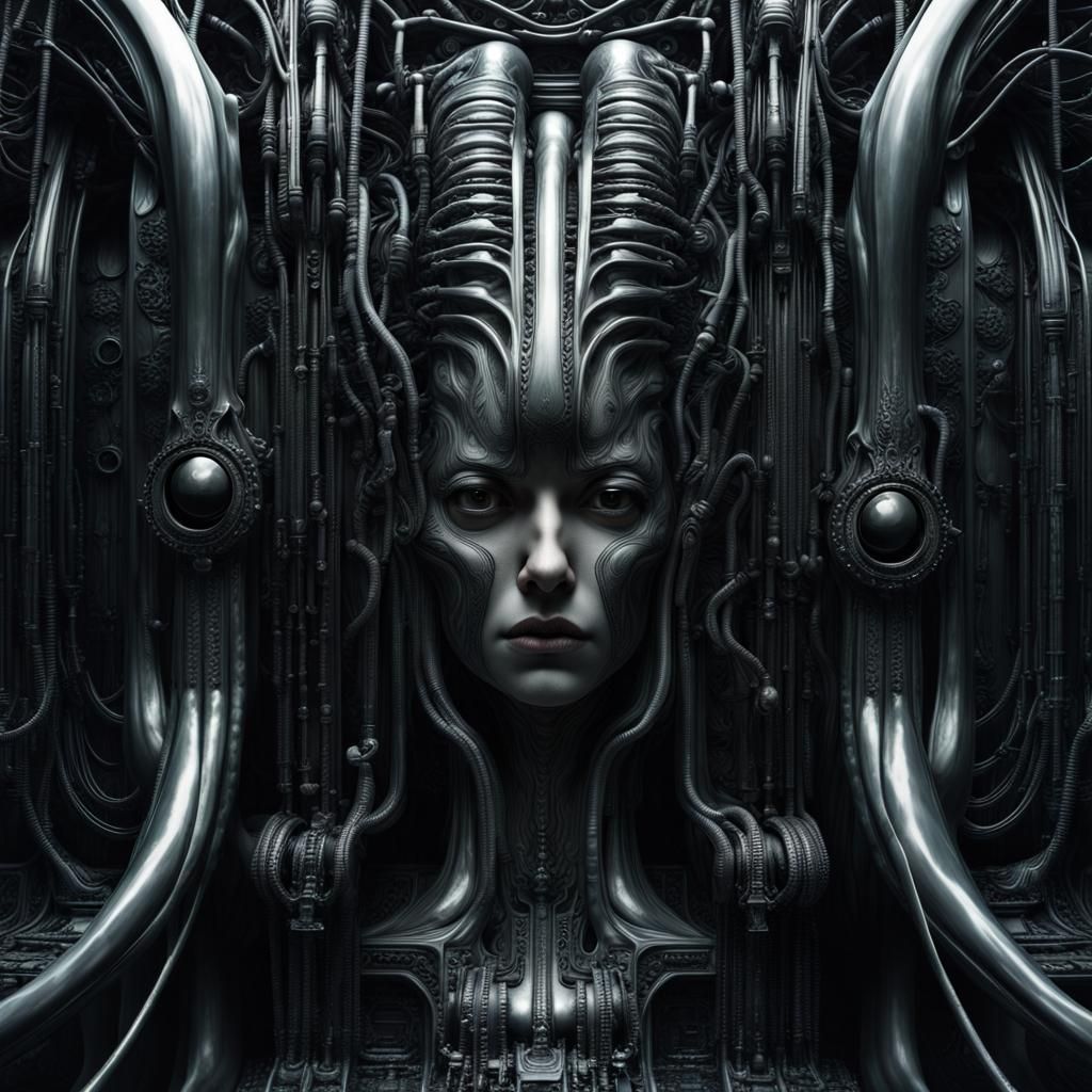 Dark Portrait in HR Giger Style with Sci-Fi Elements