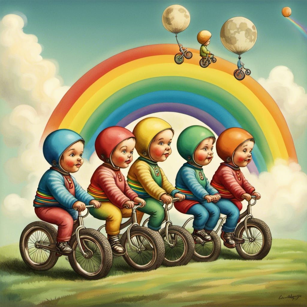 Old Quadruplets Ride Bicycles to the Moon