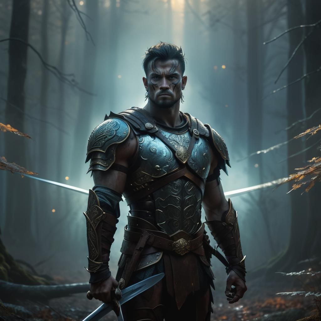 Powerful Warrior in Misty Forest: Fantasy Art