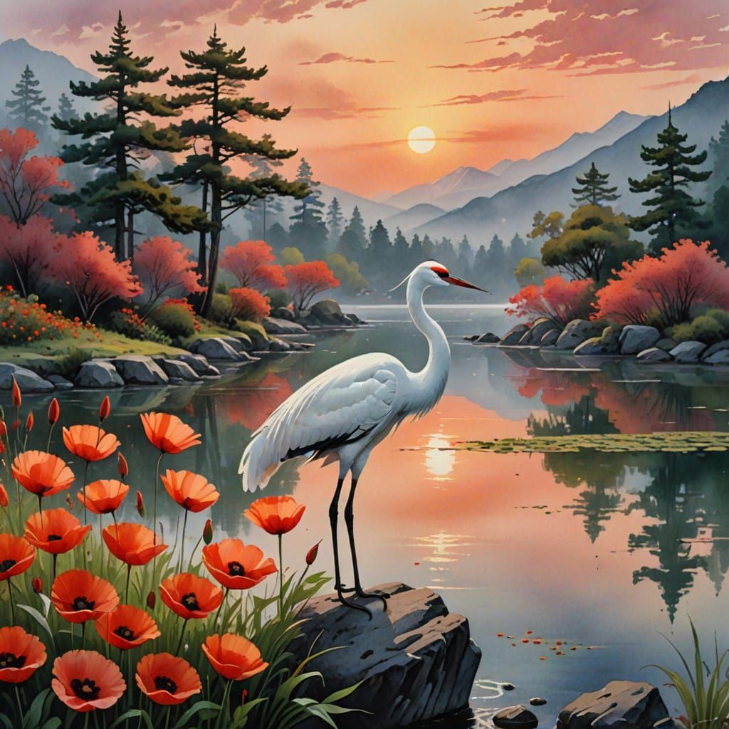 Majestic Crane by Calm Lake in Japanese Watercolor Style