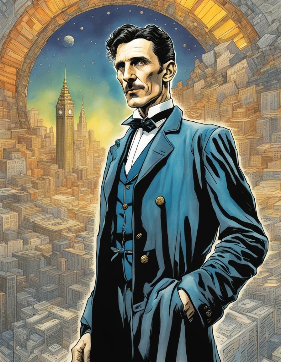 Nikola Tesla in Colorful Comic Book Style