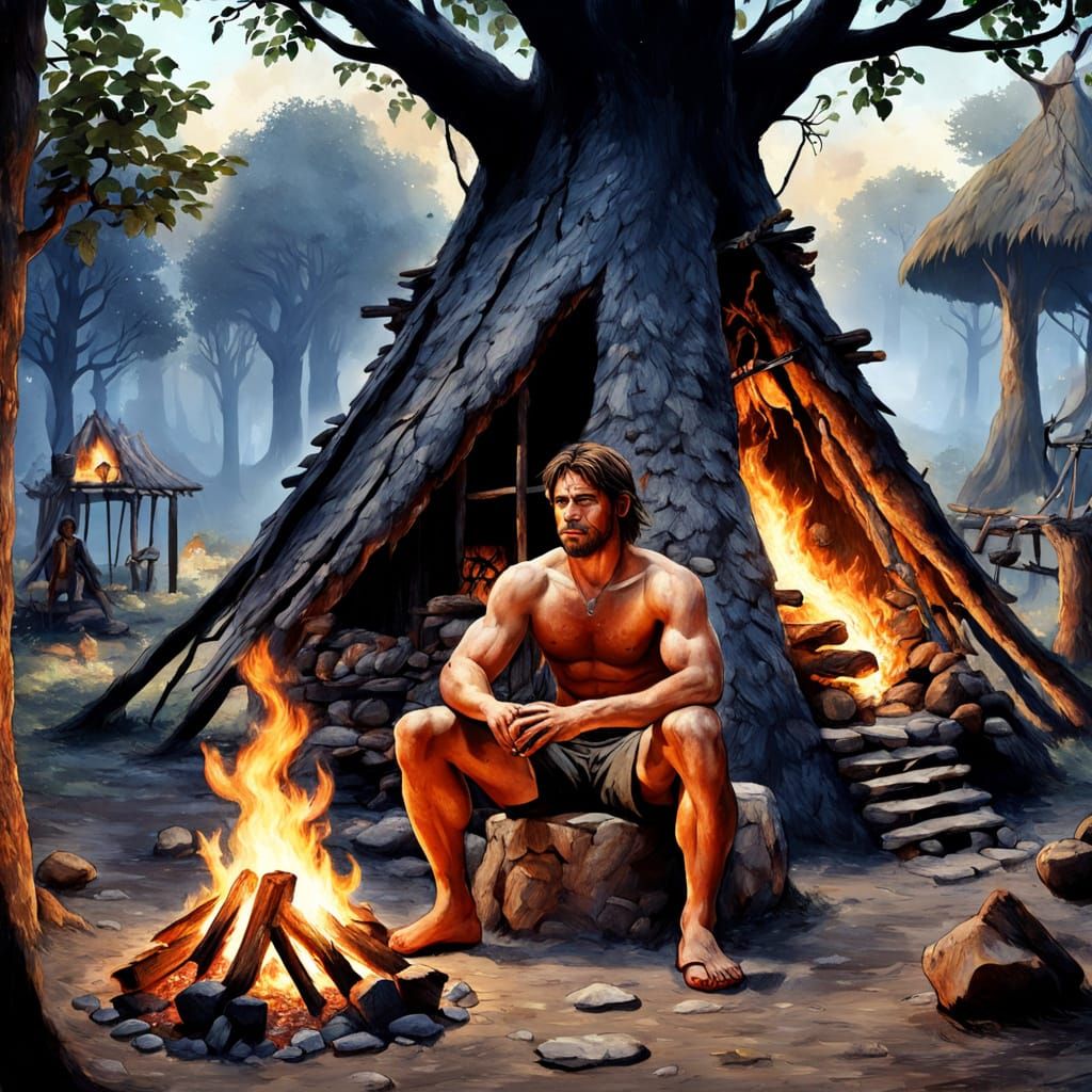 Paleolithic Hunter Sits Beside Treehouse Fire