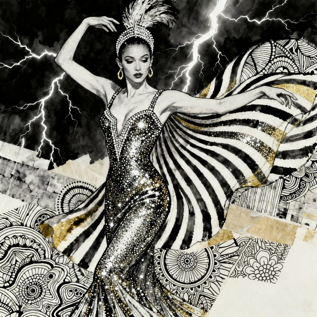 Showgirl Dancing Through Lightning Strikes in Pointillism St...
