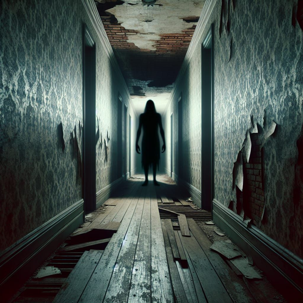 A long, dimly lit hallway with peeling wallpaper and old woo...