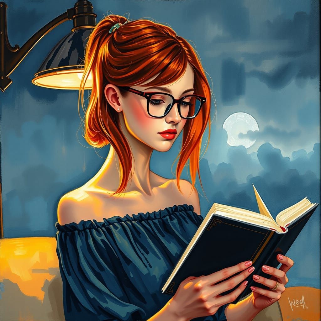 Woman Reading Book in Expressive Gouache Style