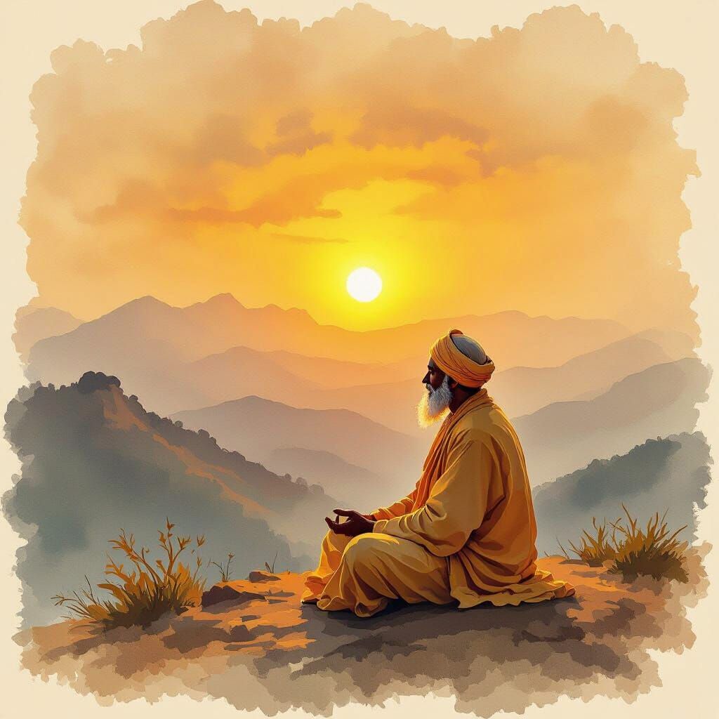Sufi Monk Meditating on Mountaintop at Sunrise