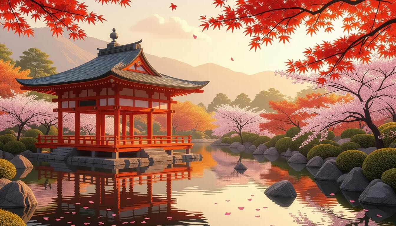 Japanese Pavilion with Autumn Maples and Cherry Blossoms
