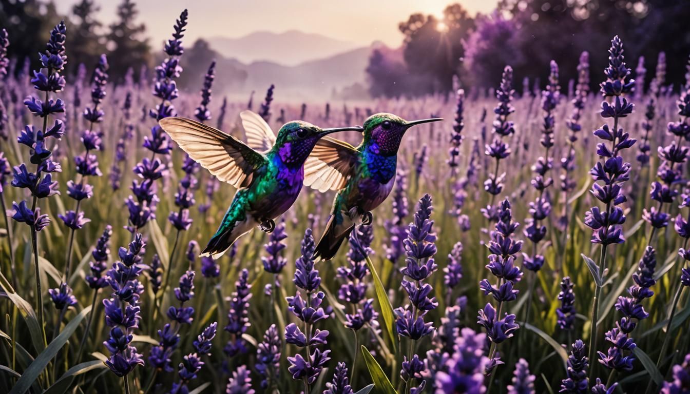 Purple Hummingbird Among Lavender, Tonalist Oil Painting