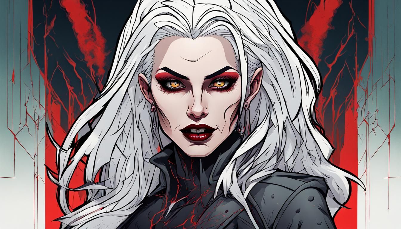 Cyberpunk Vampire Girl with Fangs in Cel-Shading Style