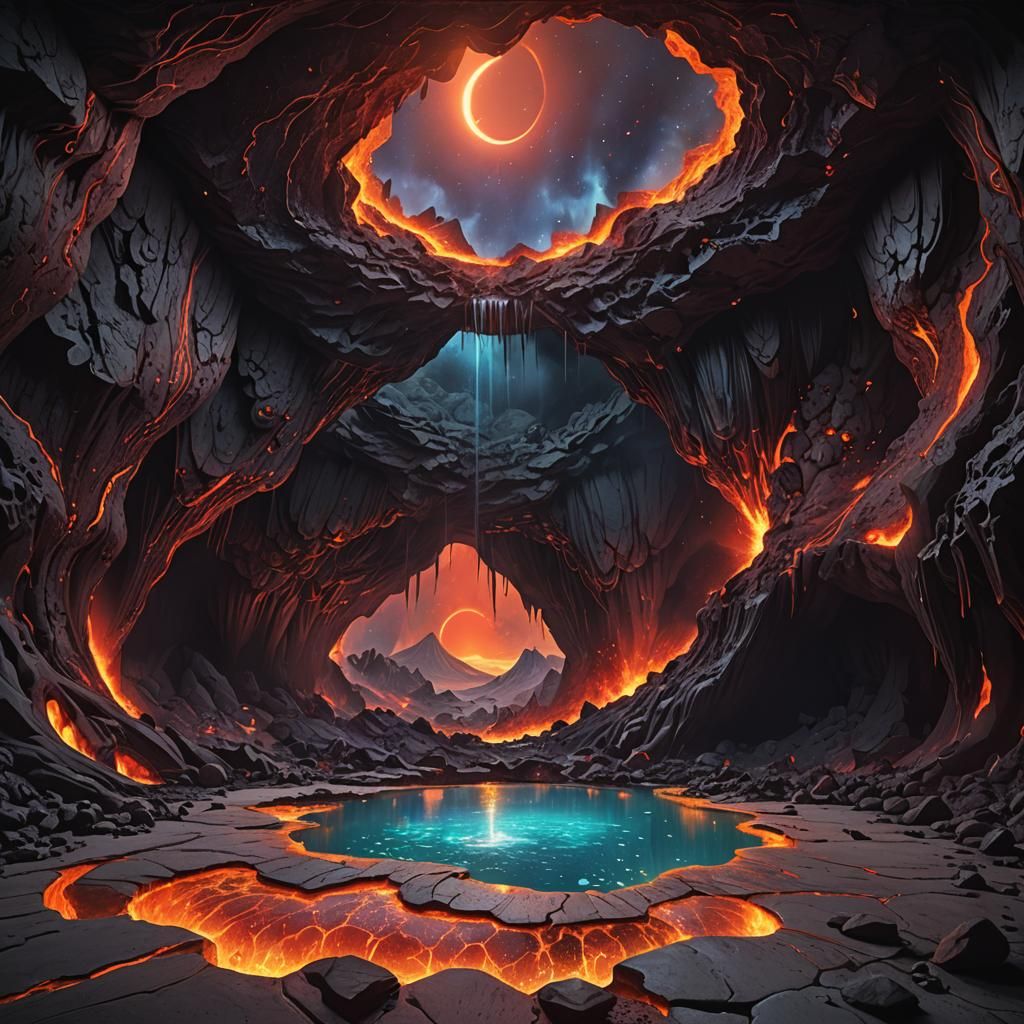 Lava Cave Eclipse: Holographic Astral Illustration