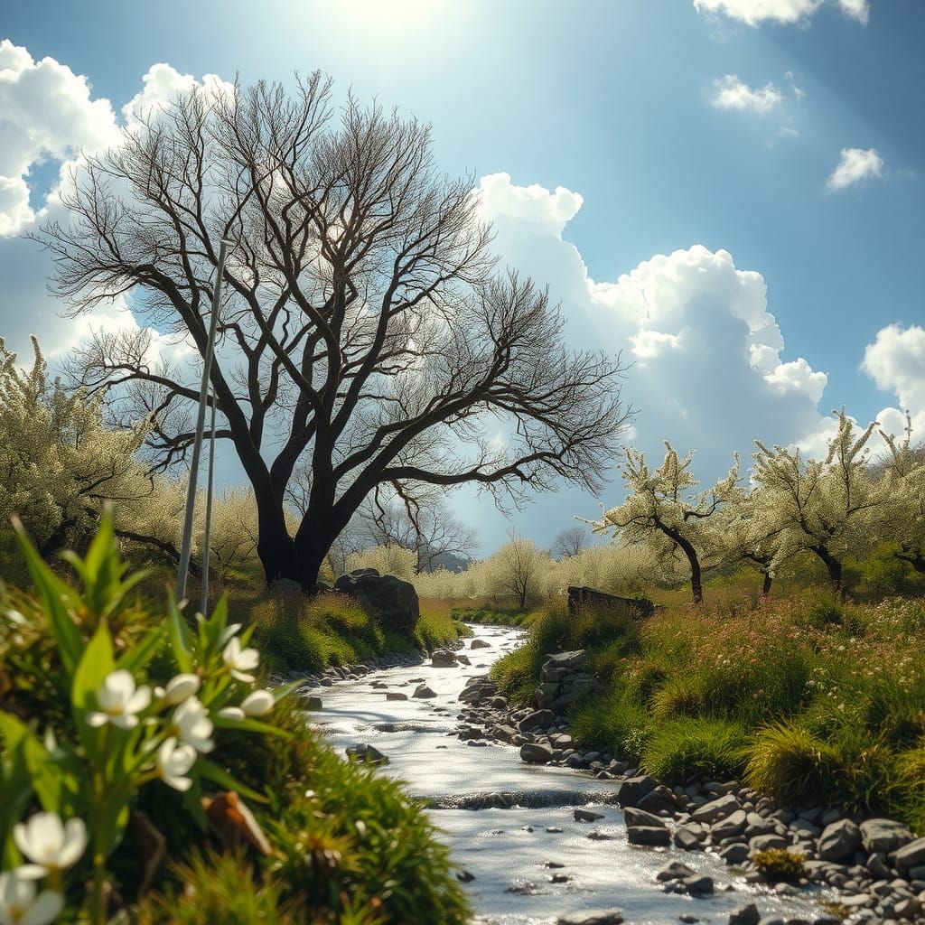 Barren Landscape Meets Floral Paradise in Divine Light