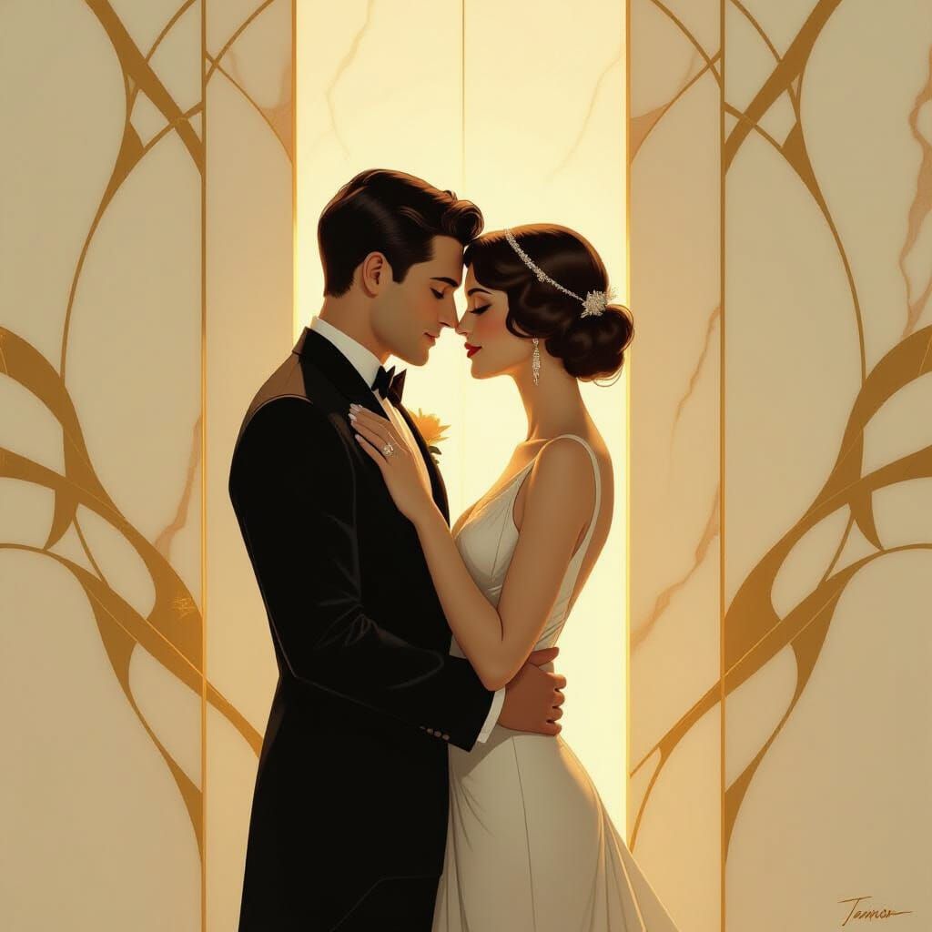 Art Deco Lovers Connected By Golden Light