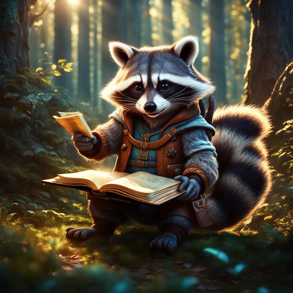 Racoon Holding Magic Book in Sunlight, Detailed Digital Pain...