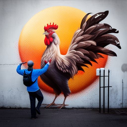 Giant Chicken Sun in Street Art Style