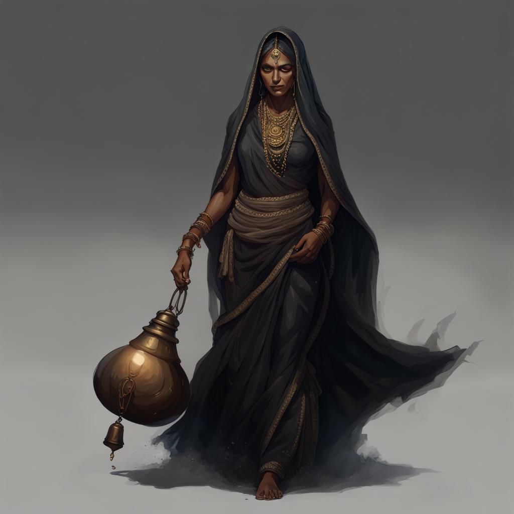 Mysterious Indian Witch in Black Saree Concept Art