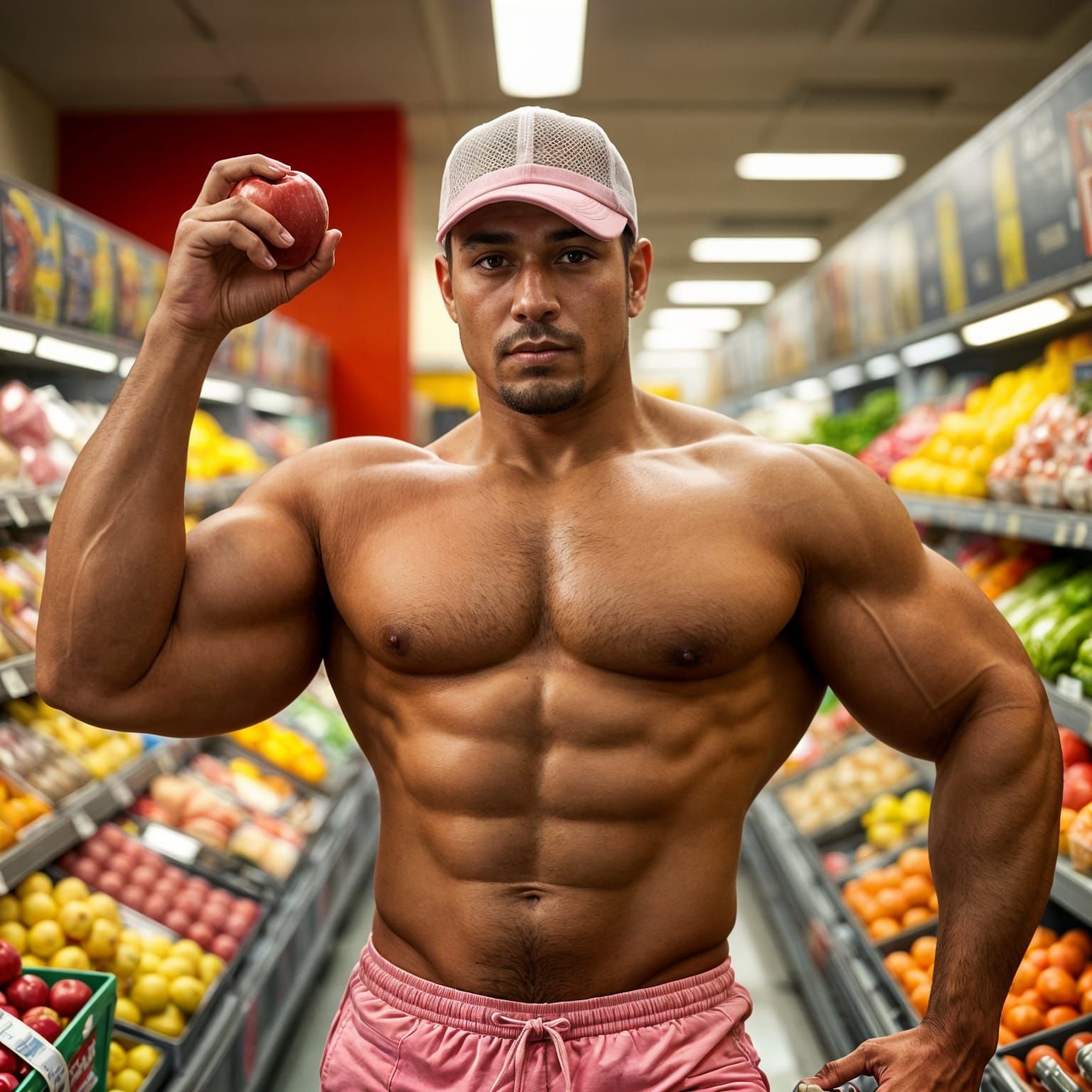 Dark Mexican-American Powerlifter Flexes in Grocery Store Pr...