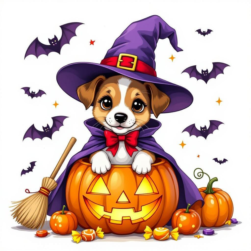 Jack Russell Terrier Puppy Witch in Pumpkin, Cartoon Illustr...