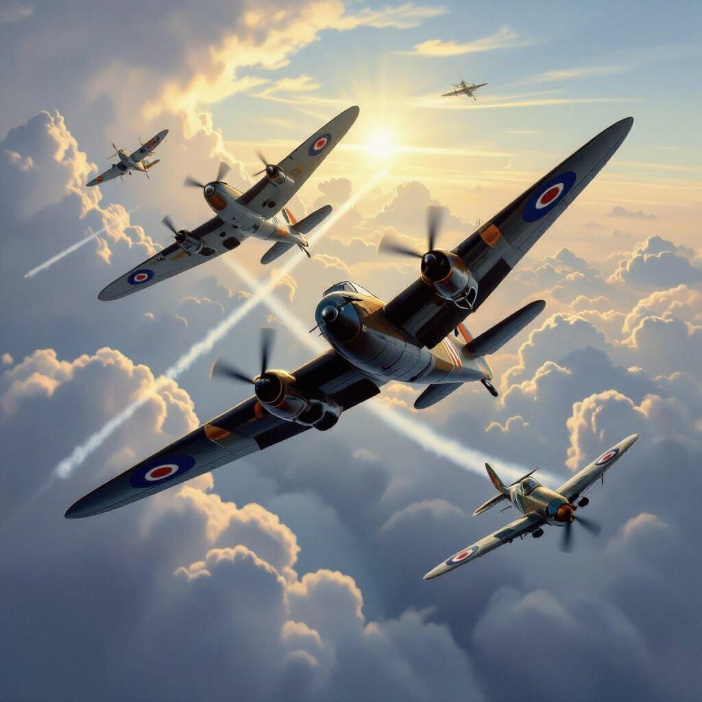 Lancaster Bombers Protected by Spitfires in Flight