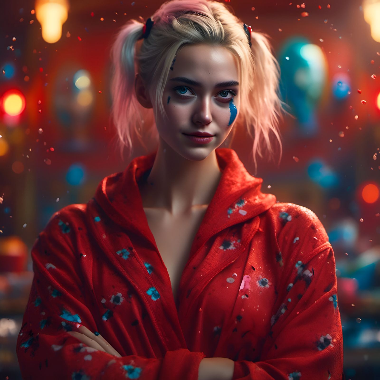 Harley Quinn in Red Bathrobe: Hyperrealistic Splash Art