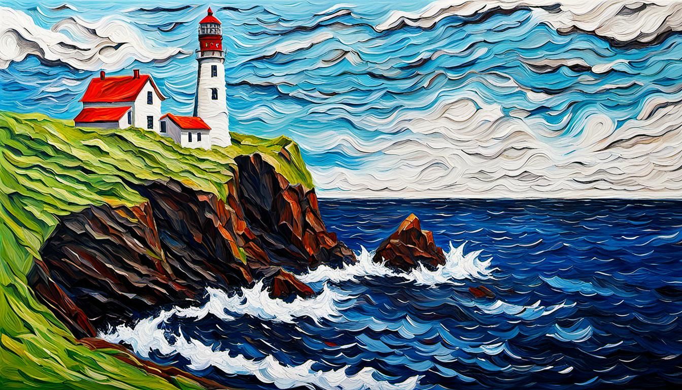 Lighthouse on Cliff in Impasto Abstract Art