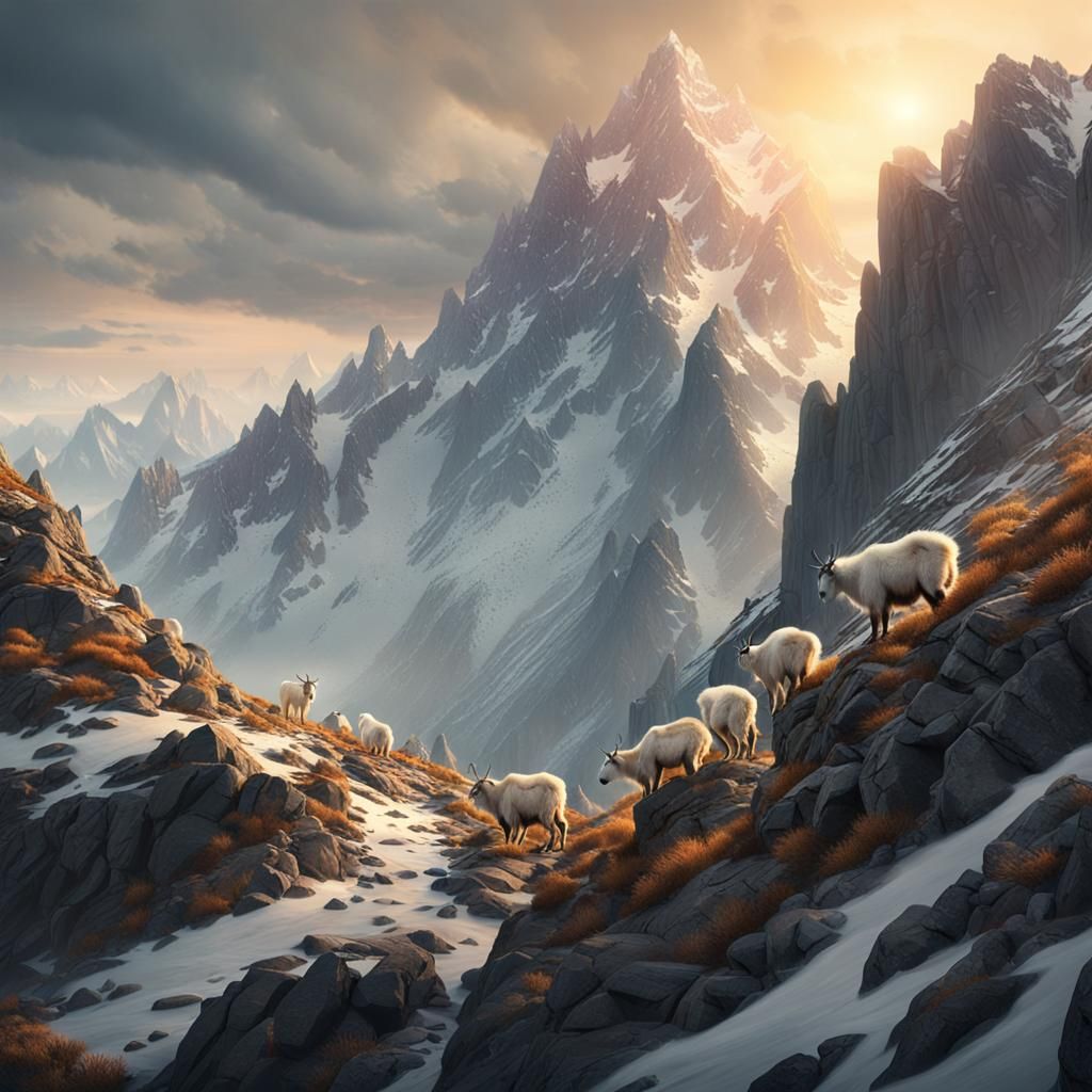 Majestic Mountain Goats in Golden Hour Landscape