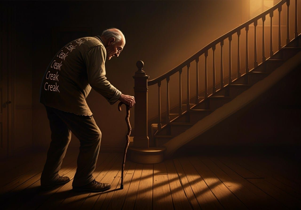 Elderly Man with Walking Stick in Warm Light
