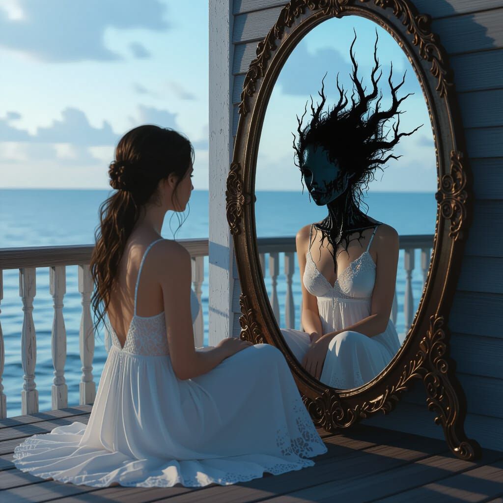 Spectral Entity Haunts Woman's Reflection in Ornate Mirror