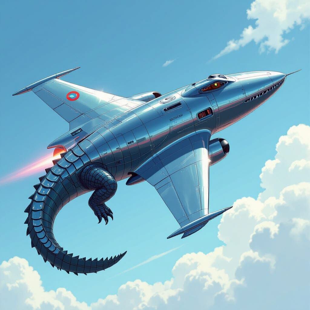 Metallic Crocodile Jet Soaring in Blue Sky