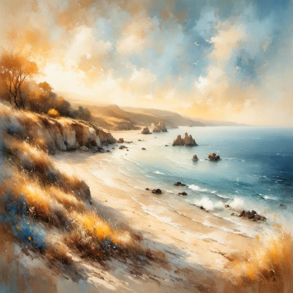 A serene beach scene with gentle waves crashing onto the sho...