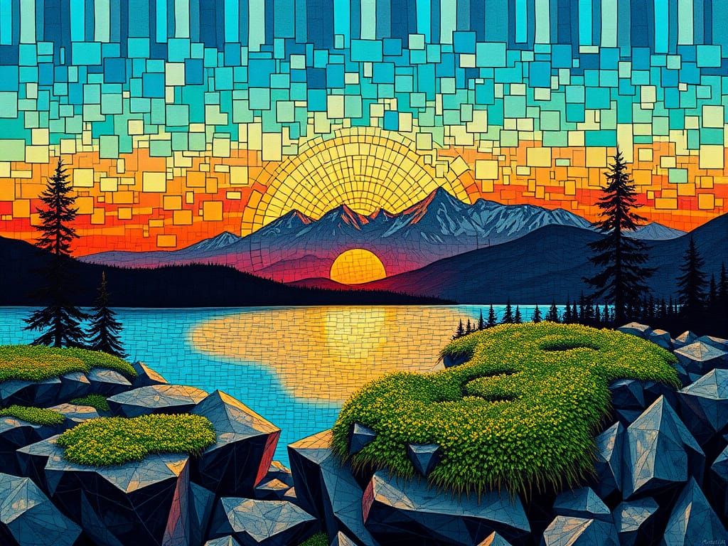 Vibrant Abstractionist Geometric Sunset Landscape with Turqu...