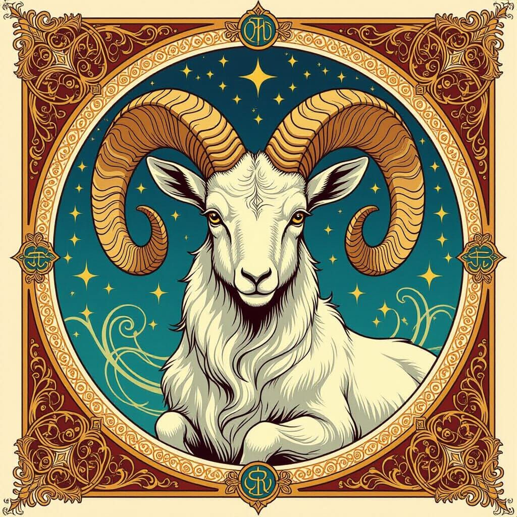Mystical Capricorn Symbol in Alphonse Mucha Style