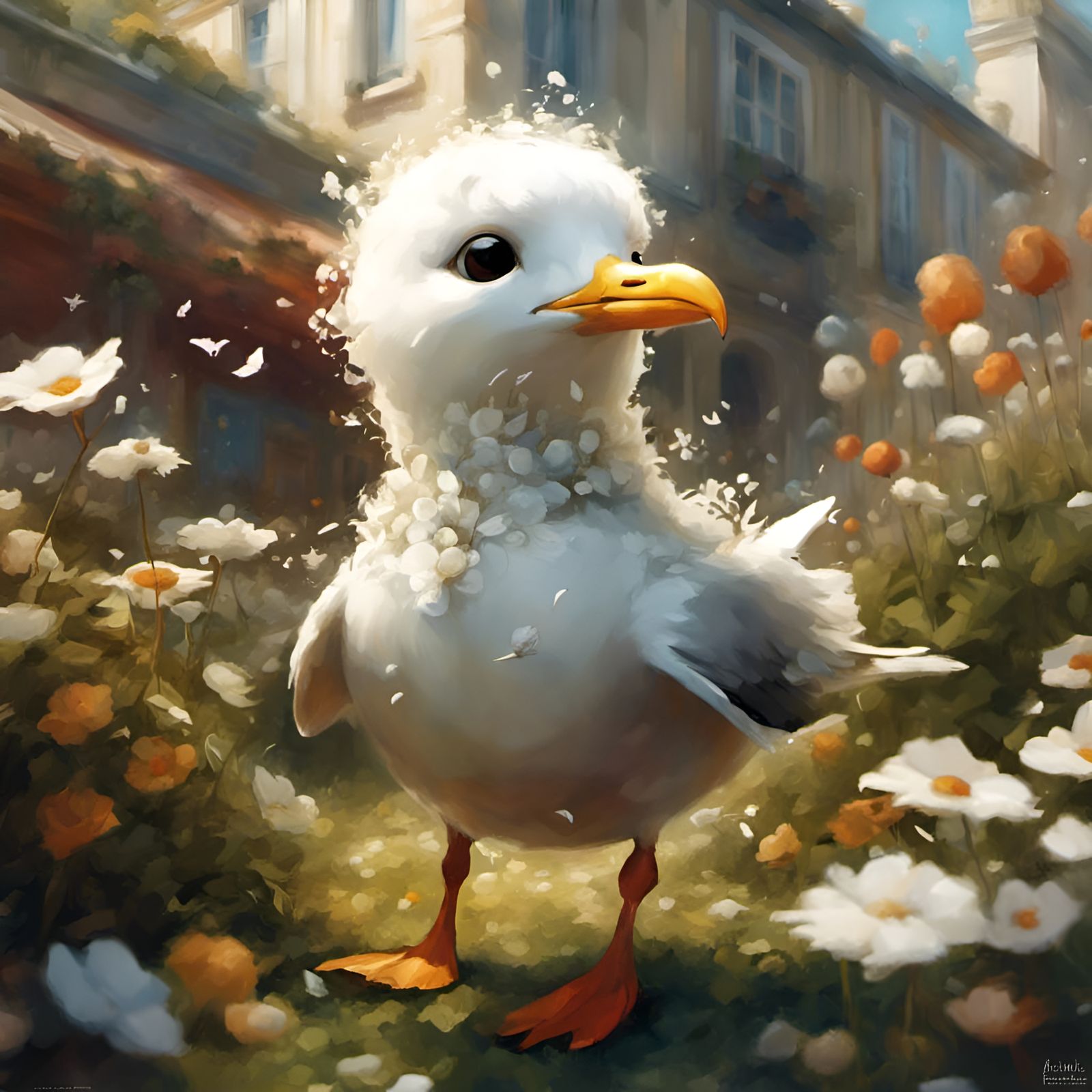 Chibi Seagull Gardener in a Sunny Garden