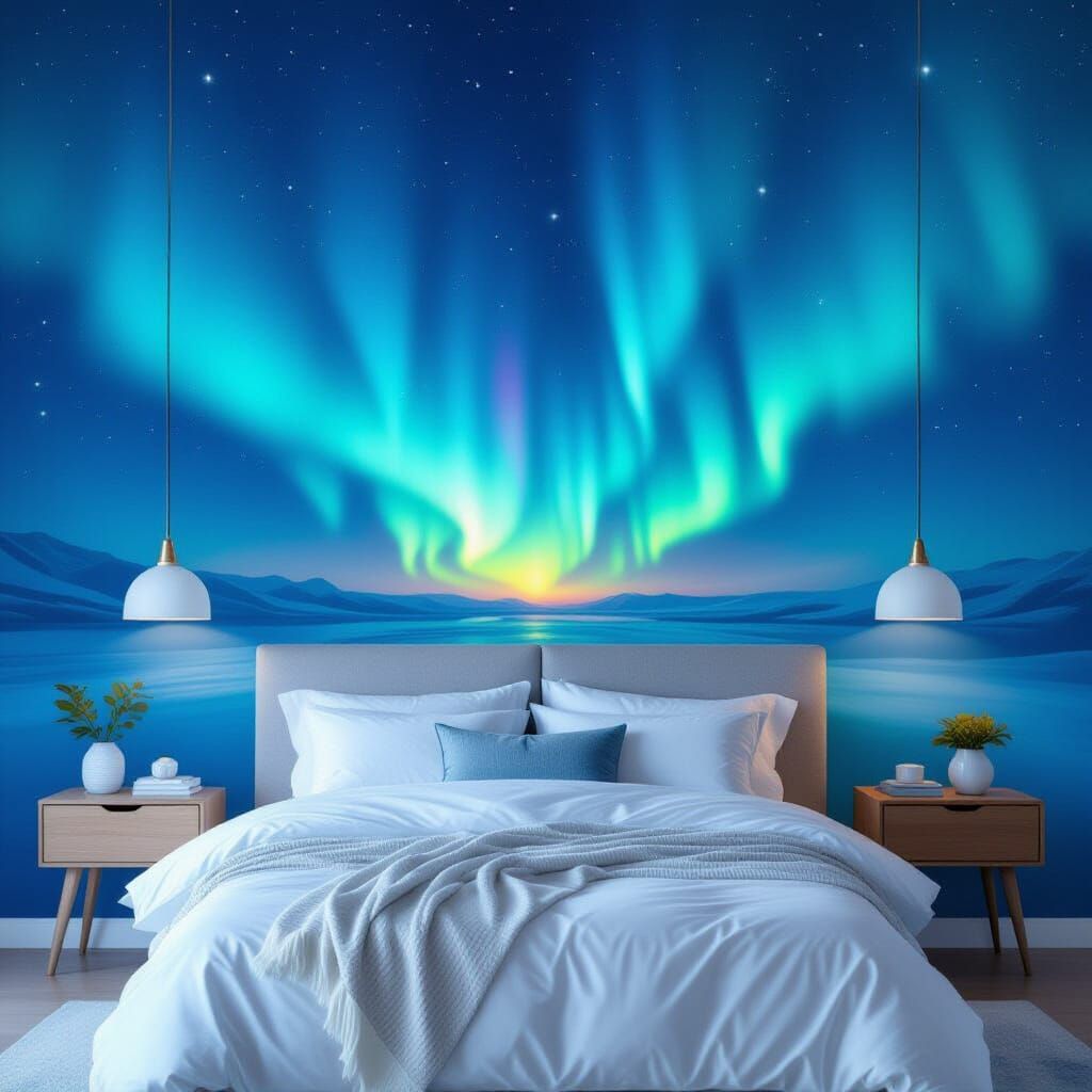 Ethereal Bedroom with Aurora Borealis Night Sky