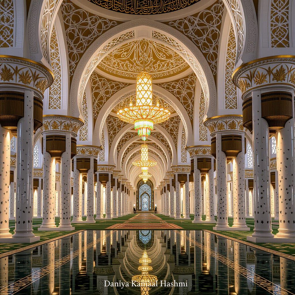 Luxurious Mosque with Golden Arabic Art and Elegant Design
