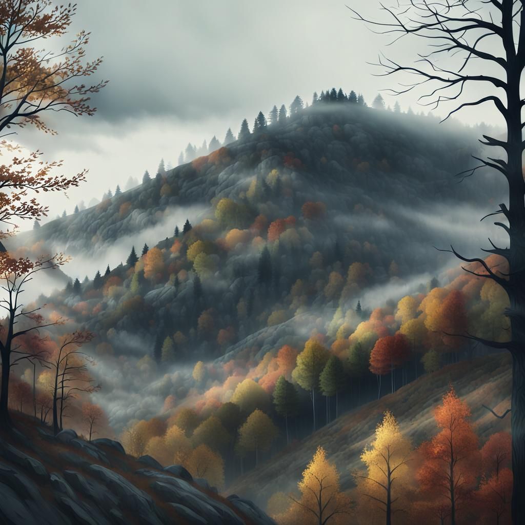 Misty Autumn Landscape with Moody Shadows