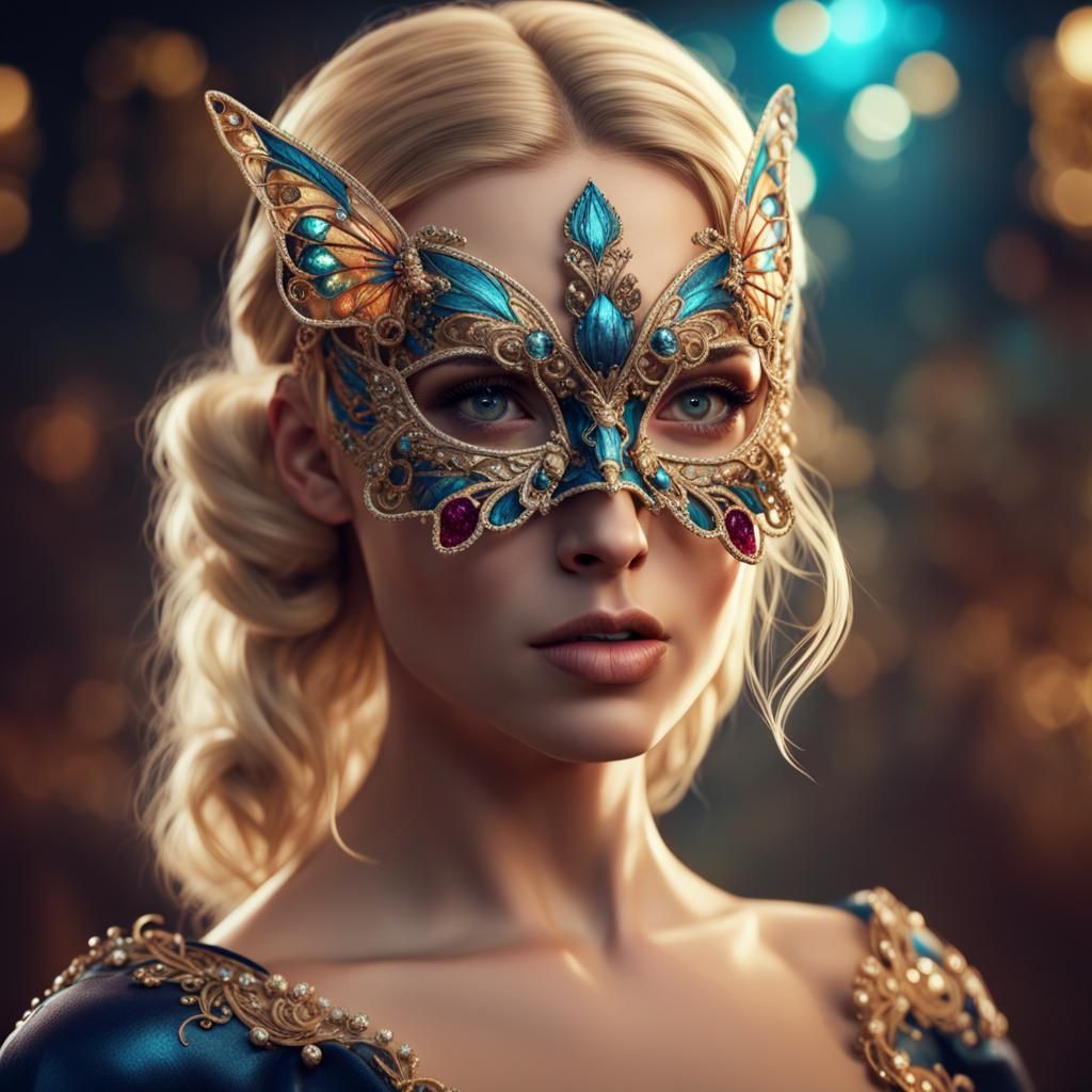 Blonde Girl in Butterfly Mask Portrait