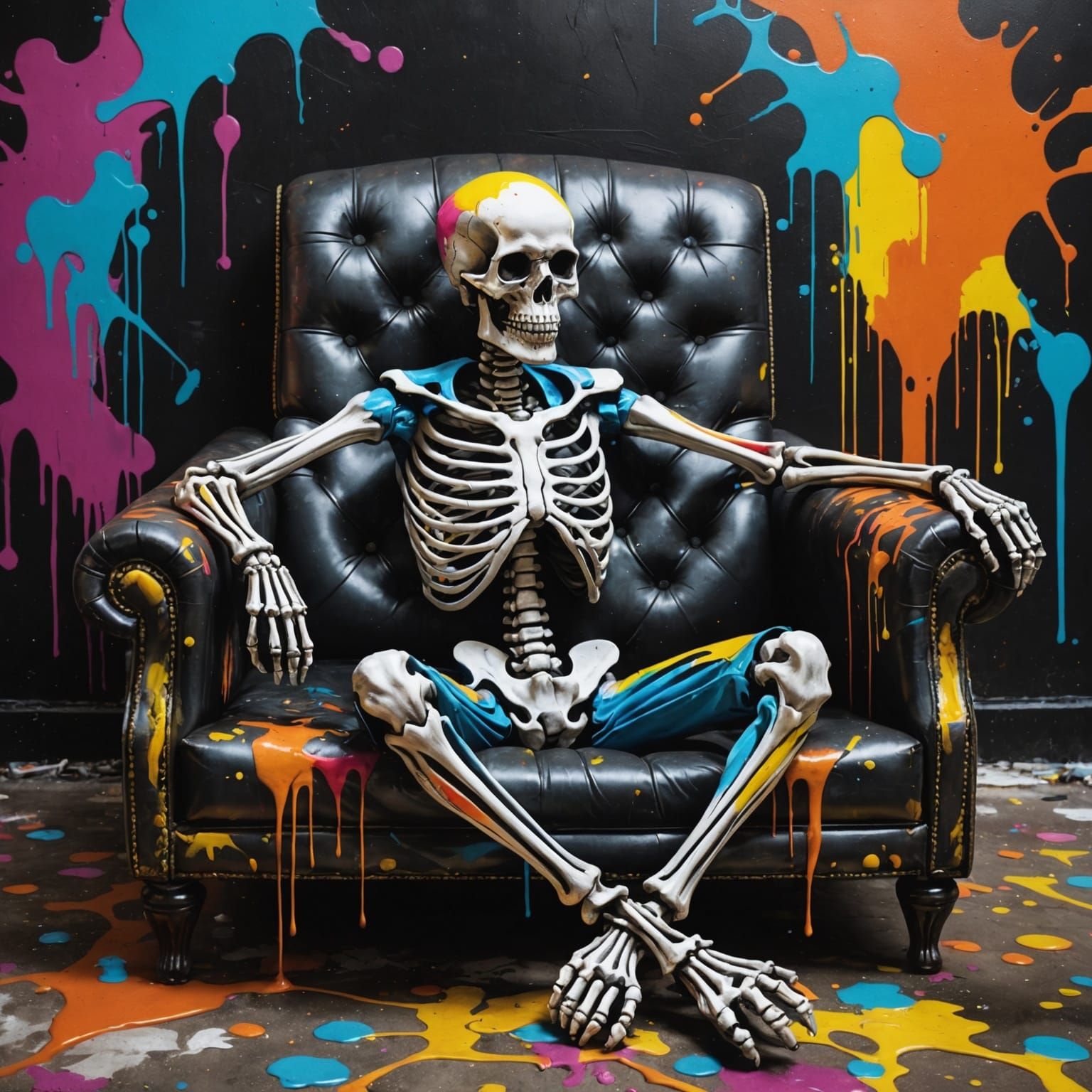 Skeleton Lounging in Graffiti Street Art Style