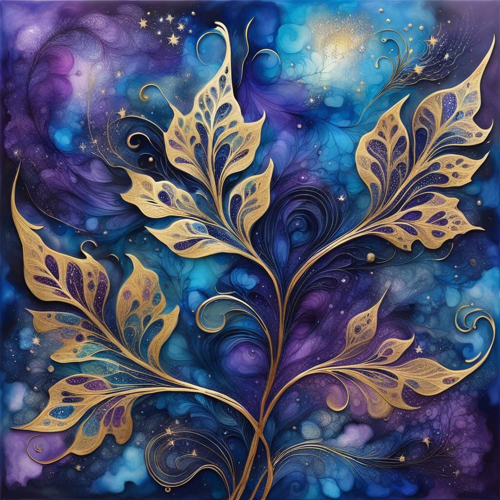 Abstract Encaustic Art: Leaves in Starry Sky