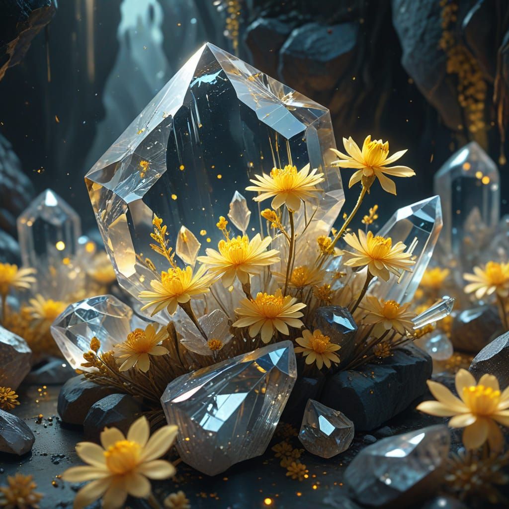 Ethereal Quartz Crystals and Yellow Flowers Glow