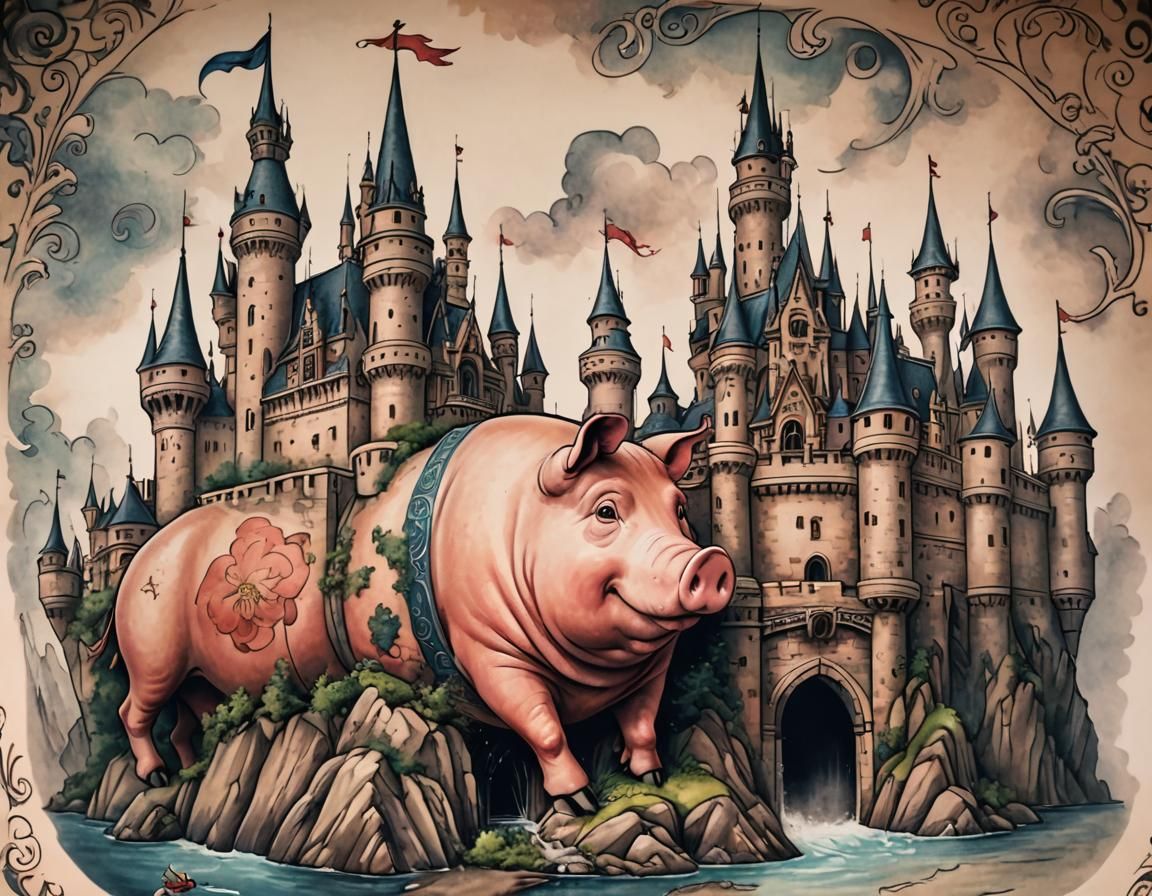 Fantasy Castle Tattoo on Pig